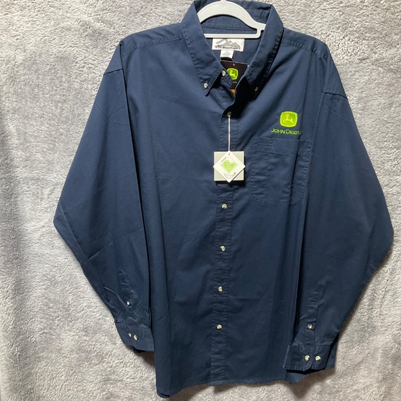 NWT John Deere Tri-Mountain Navy Button-Down Shirt Embroidered Logo Men SZ XL - Picture 2 of 5